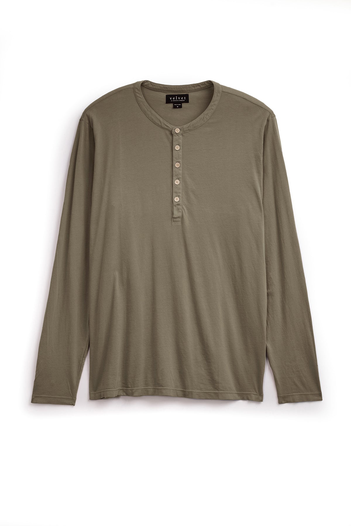 Olive green ALVARO COTTON JERSEY HENLEY shirt by Velvet by Graham & Spencer with a vintage-look displayed flat against a white background.-36009207824577