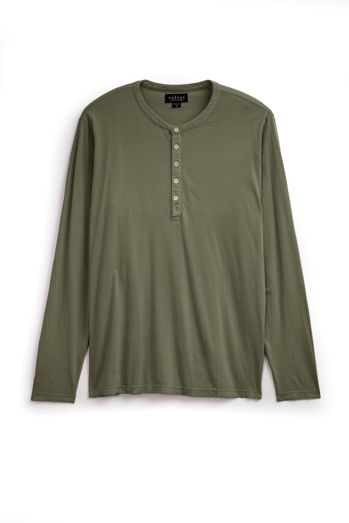 A lightweight Velvet by Graham & Spencer ALVARO COTTON JERSEY HENLEY t-shirt with buttons on the sleeve, featuring a vintage-look.-35782632833217