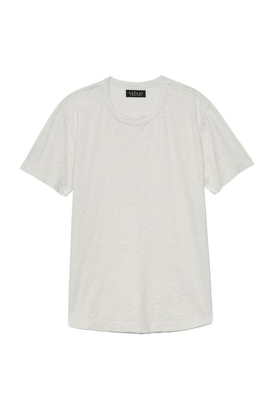   The AMARO TEE by Velvet by Graham & Spencer is a plain light grey short-sleeve T-shirt made from lightweight Peruvian cotton with a polished finish, featuring a classic crew neckline and a black label inside the collar. 