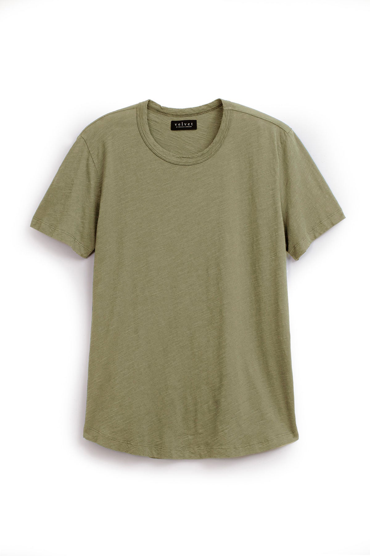   The AMARO TEE by Velvet by Graham & Spencer is a plain, short-sleeve, olive green crewneck t-shirt, ideal for layering, shown against a white background. 