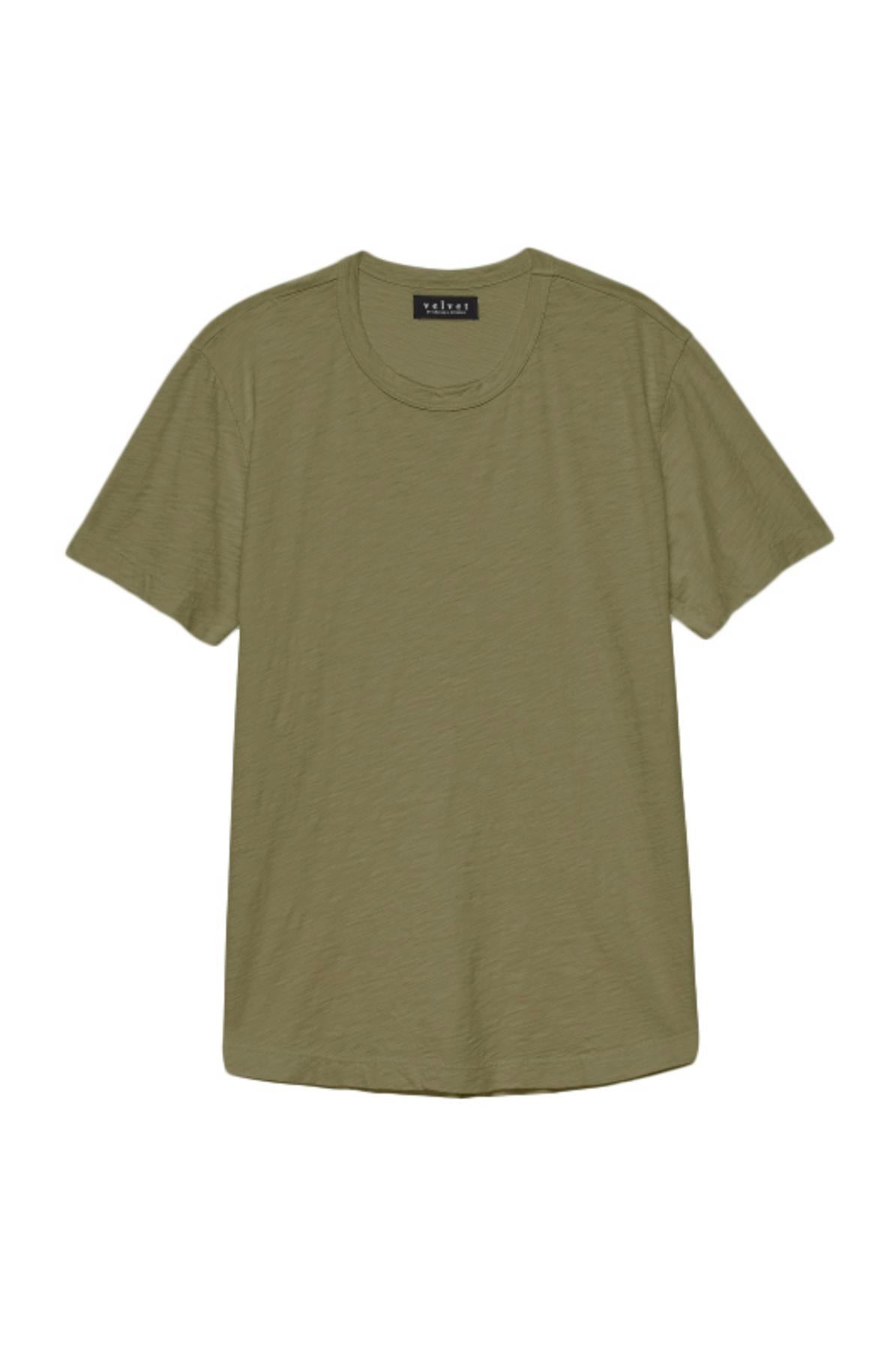   The AMARO TEE from Velvet by Graham & Spencer is a plain olive-green t-shirt made from premium Peruvian cotton, displayed on a white background. This lightweight tee features a classic crew neckline for ultimate comfort and style. 