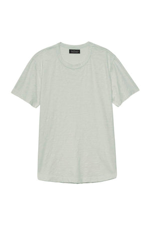 The AMARO TEE by Velvet by Graham & Spencer is a plain, light green short-sleeve T-shirt with a classic crew neckline and a black tag at the back of the collar. Made from lightweight Peruvian cotton, it offers a comfortable fit and a polished finish.