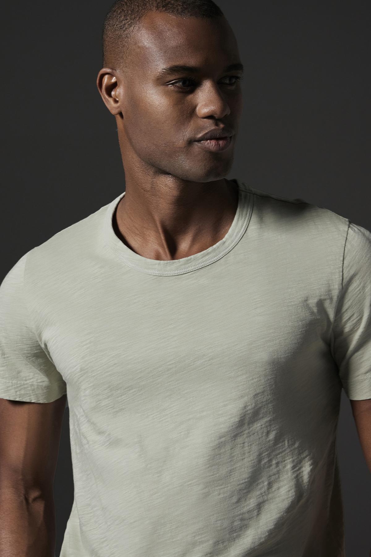   A man is shown wearing the AMARO TEE by Velvet by Graham & Spencer, looking to the side against a plain dark background, exuding a relaxed and stylish feel. 