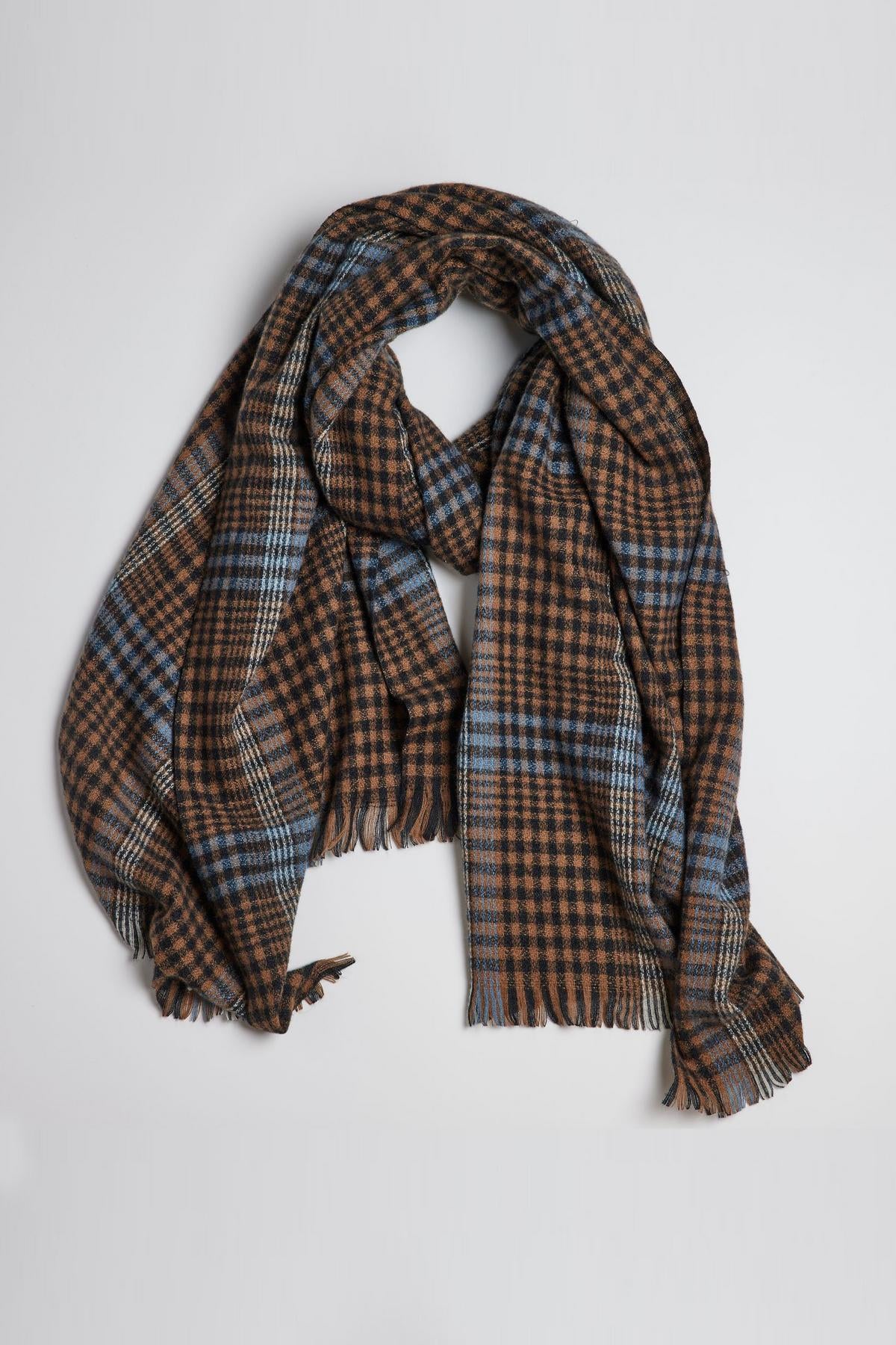 A BOSTON PLAID SCARF by Velvet by Graham & Spencer with fringe on a white background.-35211020796097