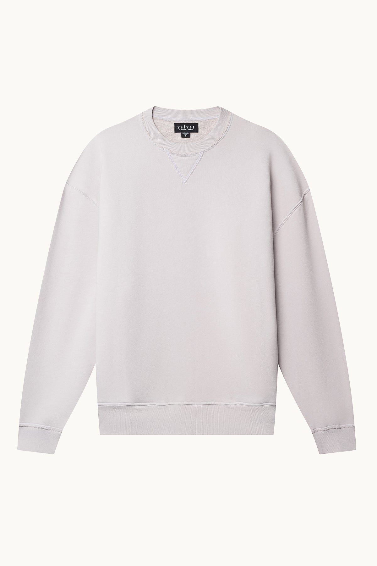   Introducing the FORREST SWEATSHIRT by Velvet by Graham & Spencer: a gray crewneck sweatshirt made from comfortable cotton fleece, designed with a plain style and ribbed cuffs, featuring a relaxed fit. Displayed on a white background. 