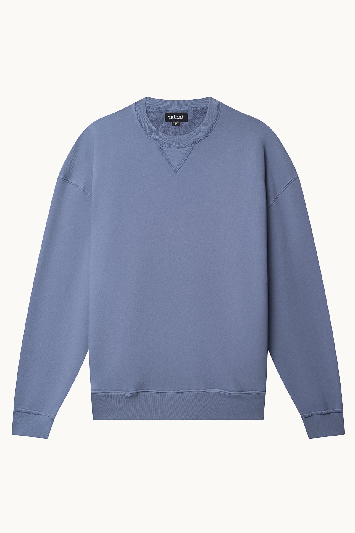 The FORREST SWEATSHIRT from Velvet by Graham & Spencer is a plain blue crewneck crafted in soft cotton fleece, designed with a relaxed fit and ribbed details on the neckline, cuffs, and hem.-38325888876737