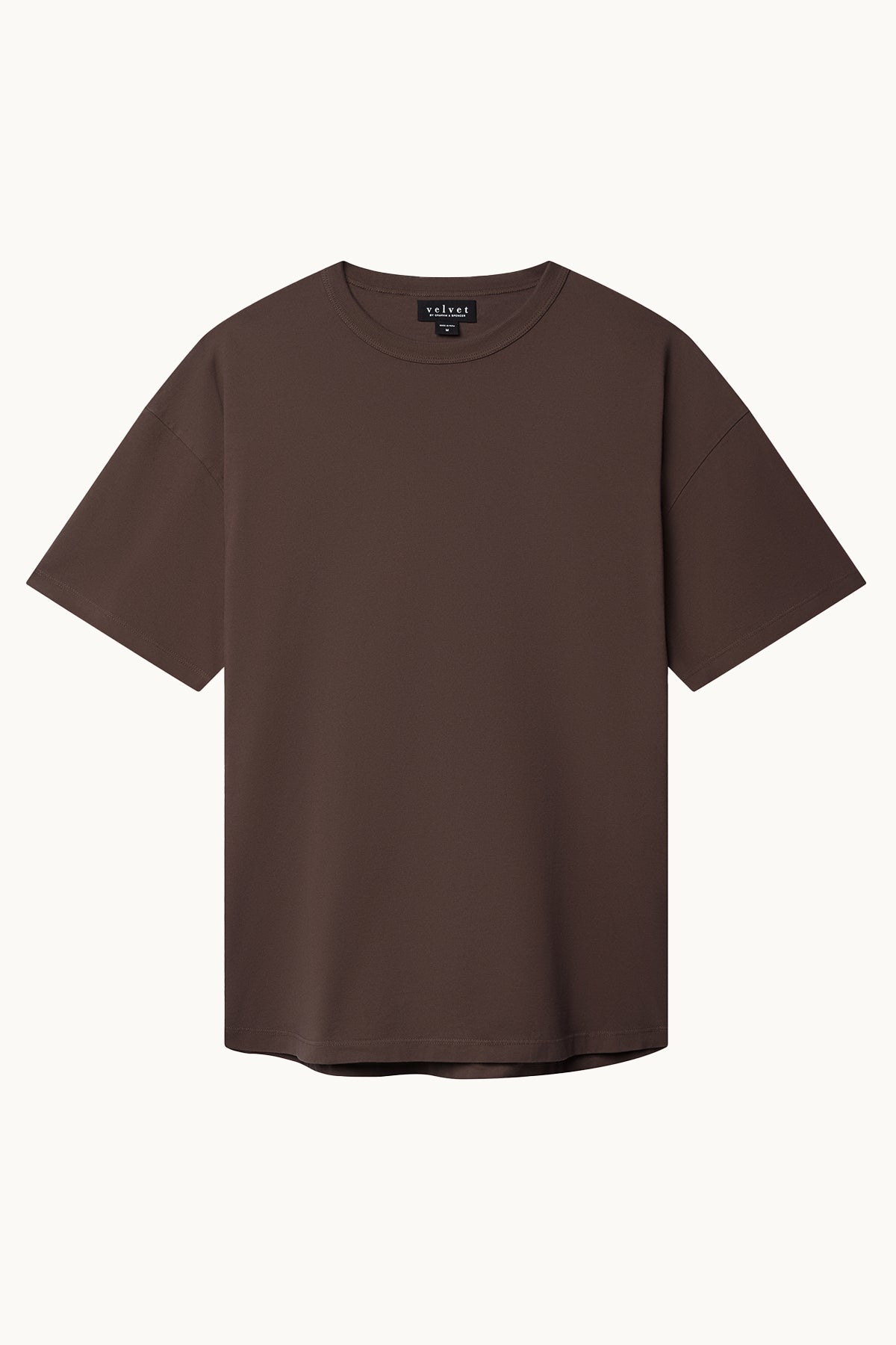   The BRYAN TEE from Velvet by Graham & Spencer, a plain brown short-sleeve t-shirt made from soft pima cotton jersey, showcases a ribbed crew neckline and is displayed on a white background. 