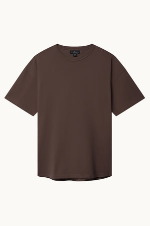 The BRYAN TEE from Velvet by Graham & Spencer, a plain brown short-sleeve t-shirt made from soft pima cotton jersey, showcases a ribbed crew neckline and is displayed on a white background.