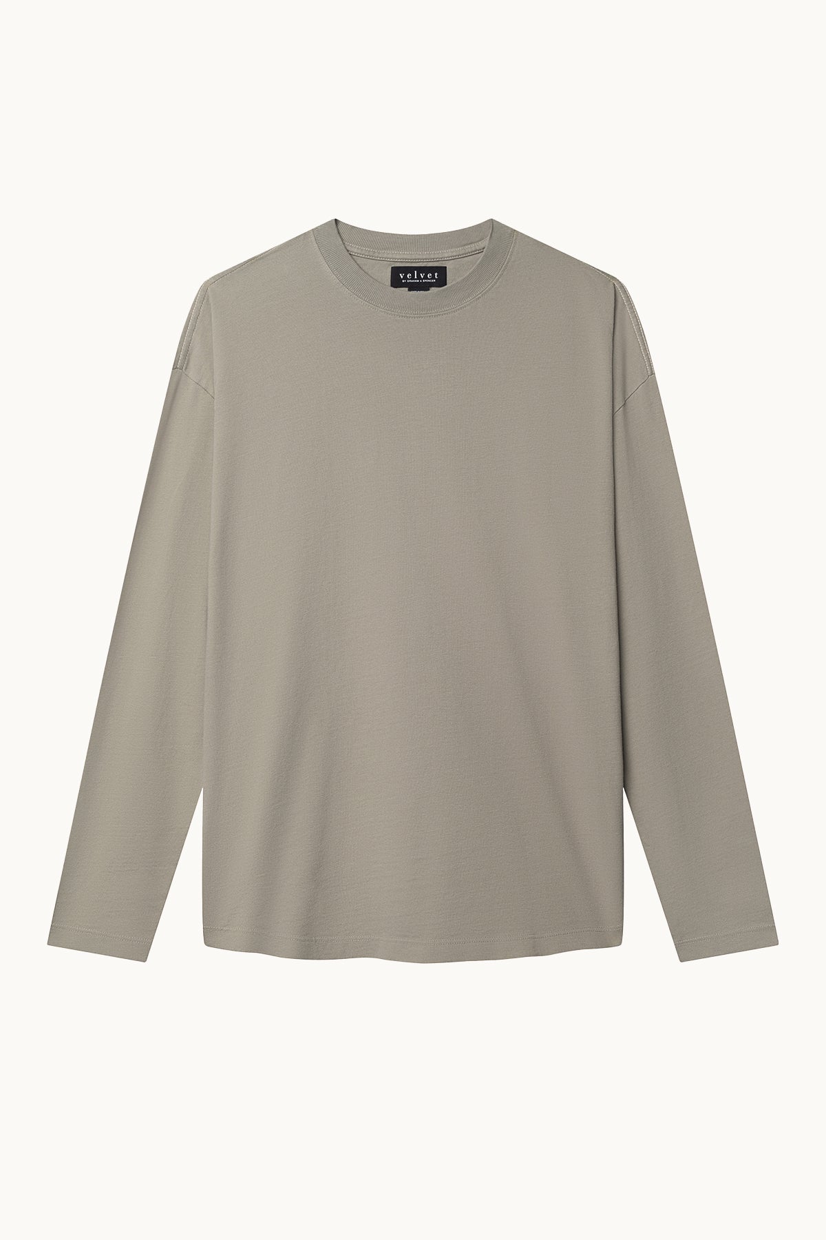   Introducing the SLATER TEE by Velvet by Graham & Spencer: a versatile addition to your wardrobe featuring a long-sleeve design in olive green, made from premium pima cotton jersey, beautifully displayed on a plain background. 