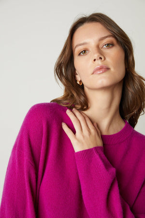 Brynne Cashmere Crew Neck Sweater in bright magenta pink front close up