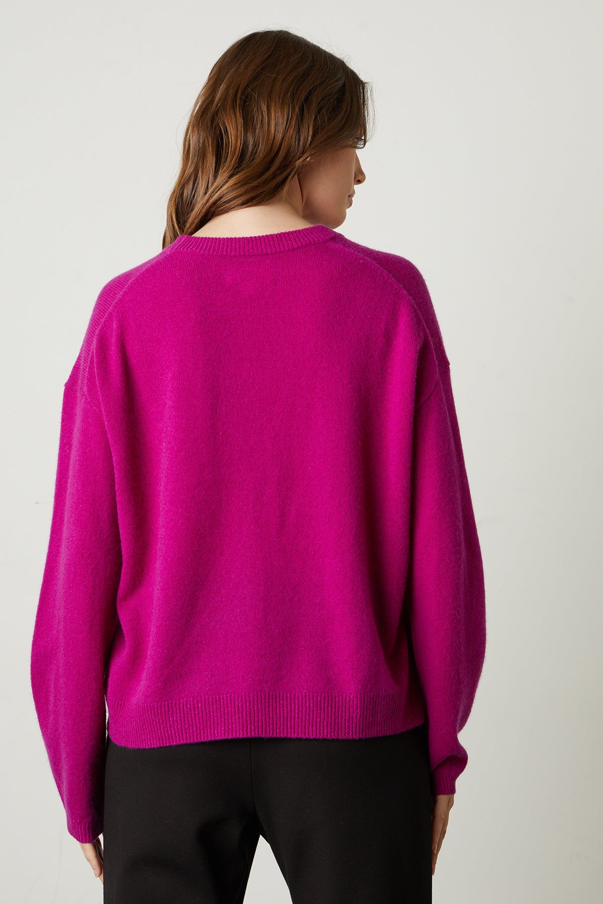 Brynne Cashmere Crew Neck Sweater in bright magenta pink back-26677208514753