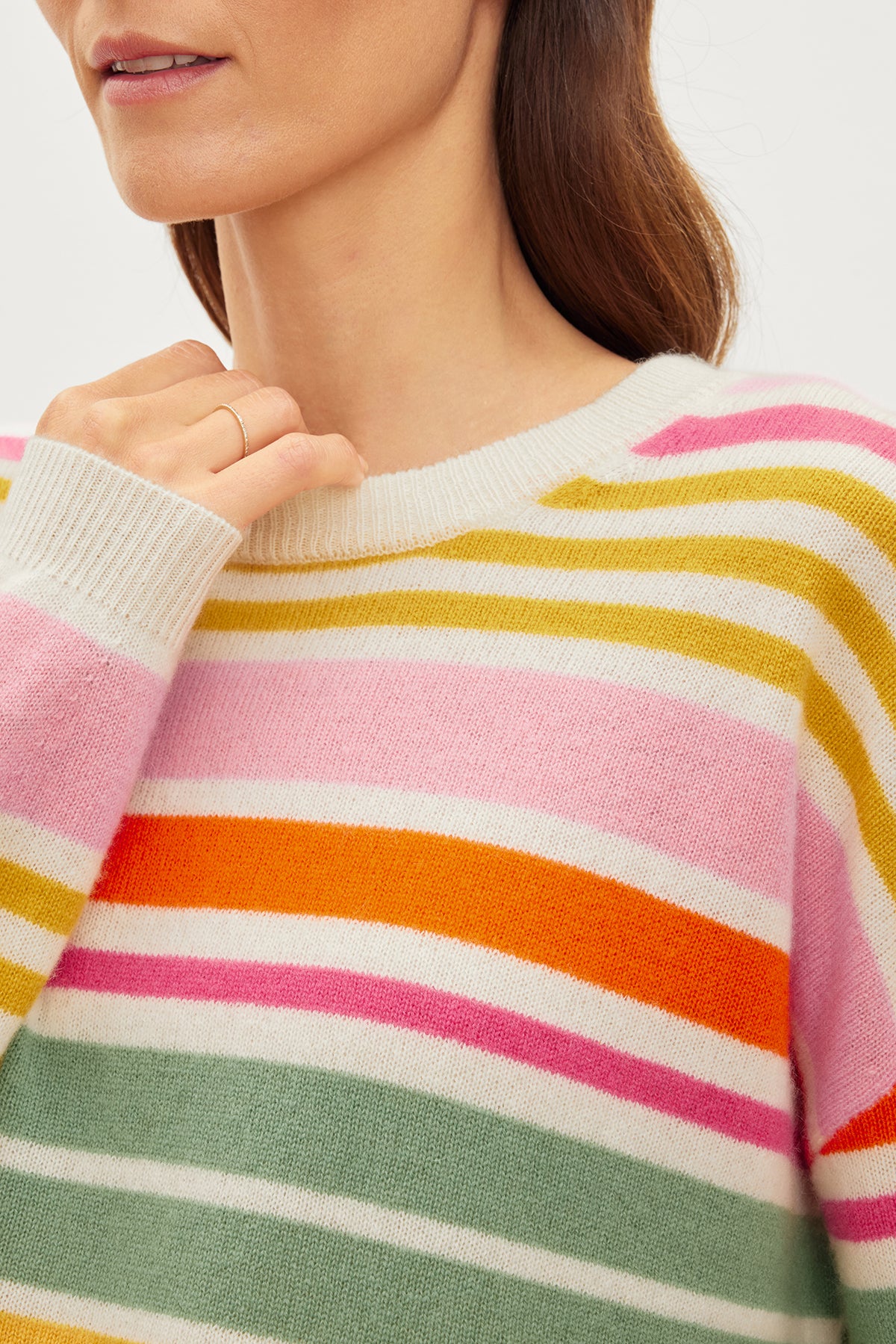 A woman wearing the ANNY CASHMERE STRIPED CREW NECK SWEATER from Velvet by Graham & Spencer.-35955370131649