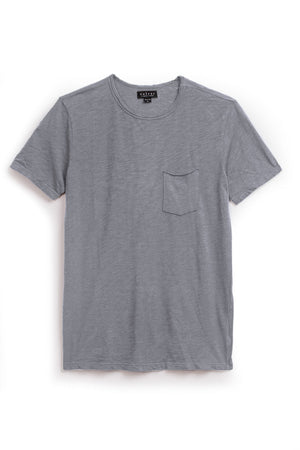The CHAD TEE by Velvet by Graham & Spencer is a plain gray short-sleeve t-shirt featuring a classic crew neckline and chest patch pocket, shown on a white background.