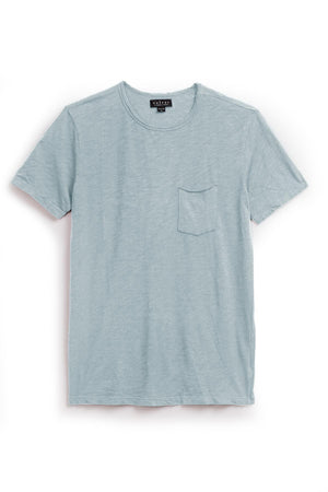 A light blue short-sleeve CHAD TEE with a classic crew neckline and single chest pocket, crafted from textured cotton slub and displayed against a white background by Velvet by Graham & Spencer.