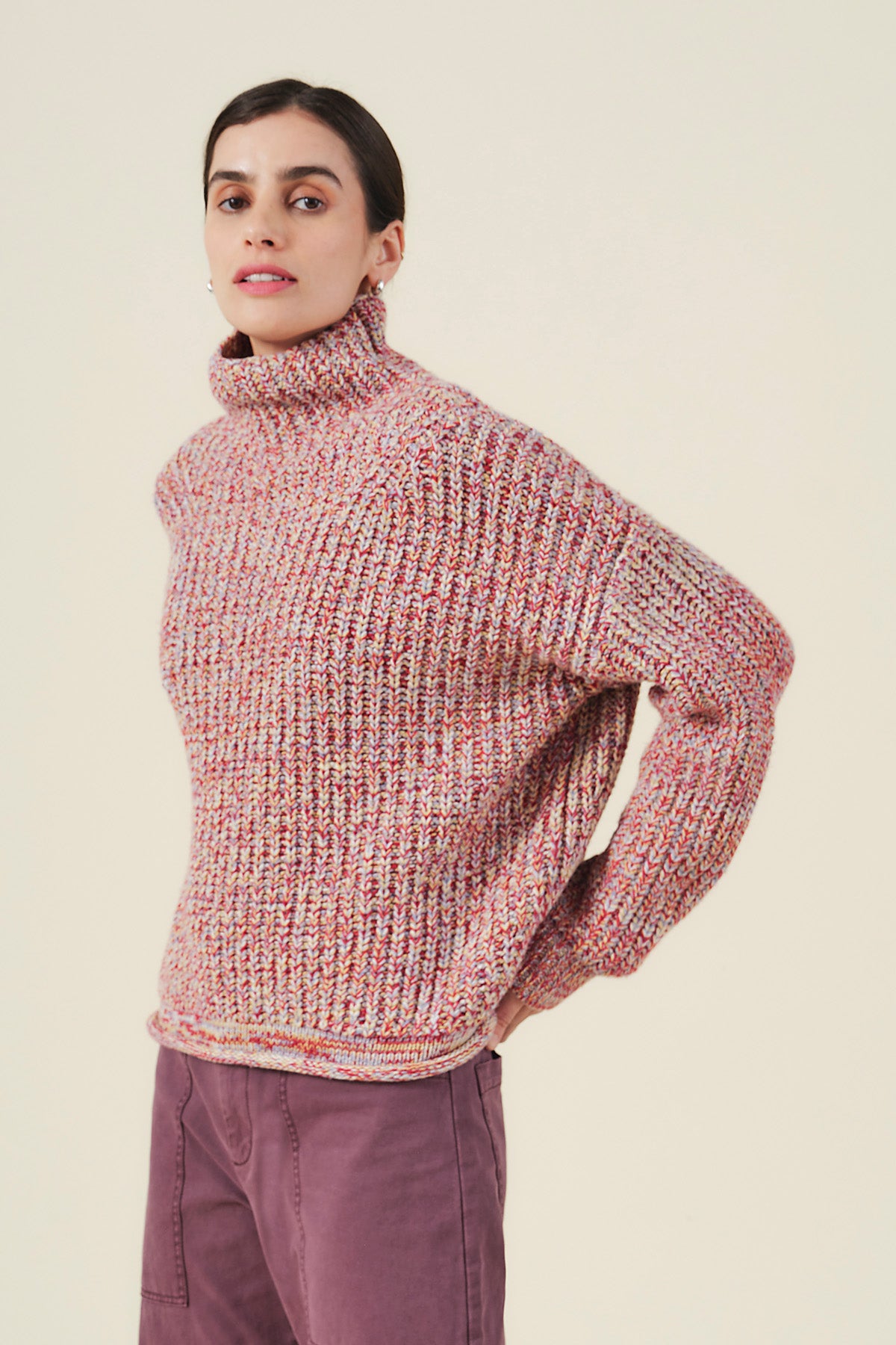 A person wearing the DENNIE SWEATER by Velvet by Graham & Spencer—a chunky knit turtleneck in multicolored hues—paired with mauve pants, stands with hands on hips against a plain light background.