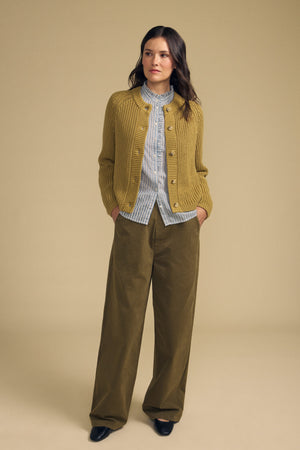 Front view of khaki LISABETH chunky pima cotton button front cardigan showcasing cropped fit with beige background