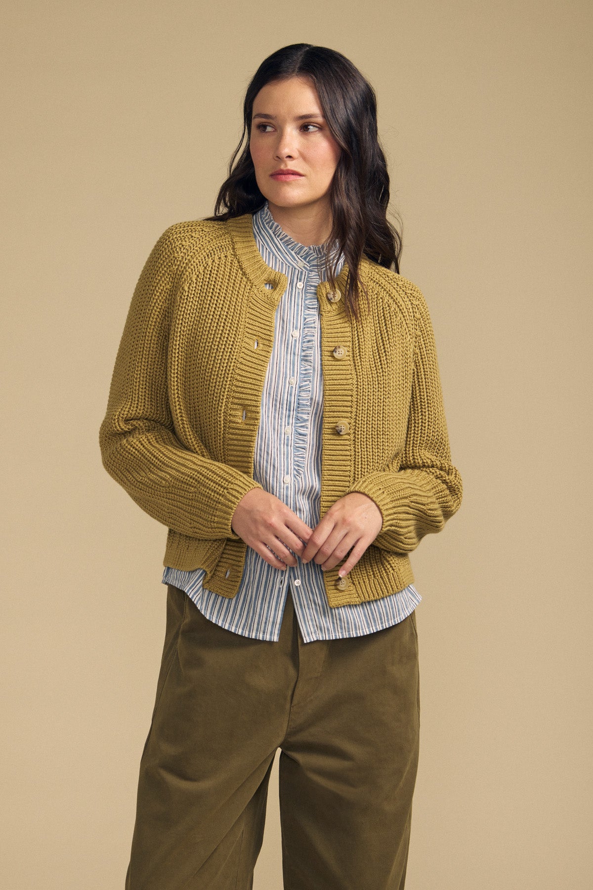 Front view of khaki LISABETH pima cotton button-front cardigan showcasing chunky knit and cropped fit against beige background-41940441104577