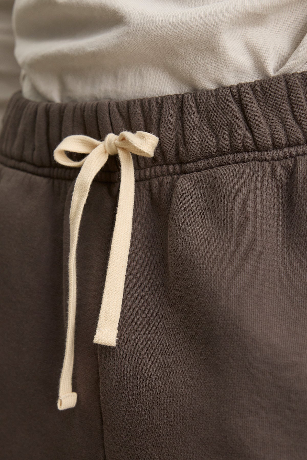 Close-up of a person wearing HUDSON SWEATPANT by Velvet by Graham & Spencer in brown, featuring a cream drawstring and paired with a cream or beige top—ideal for everyday wear.-40276964704449