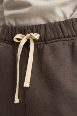 Close-up of a person wearing HUDSON SWEATPANT by Velvet by Graham & Spencer in brown, featuring a cream drawstring and paired with a cream or beige top—ideal for everyday wear.