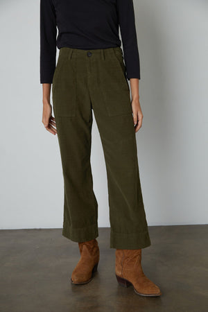 Vera Corduroy Wide Leg Pant in Aloe front standing with boots