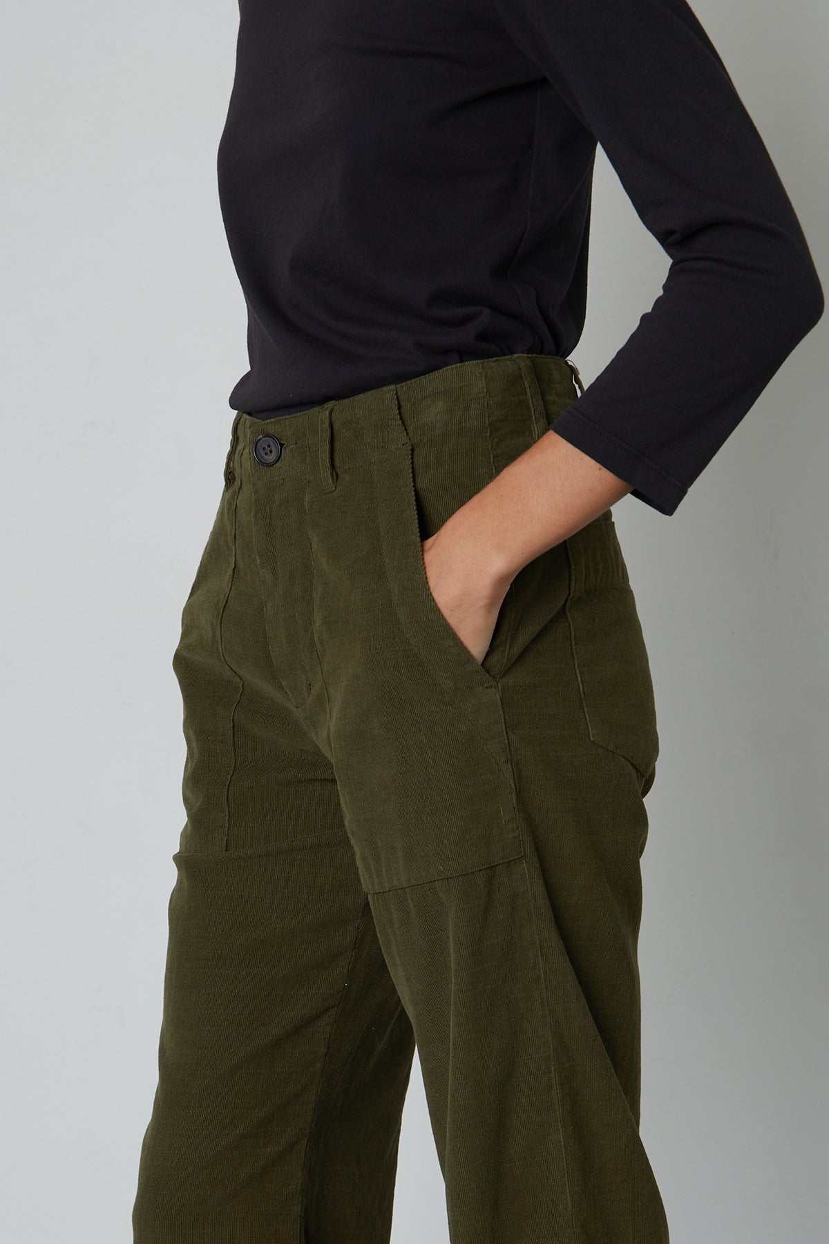 Vera Corduroy Wide Leg Pant in dark green dillweed pocket detail-26654355259585