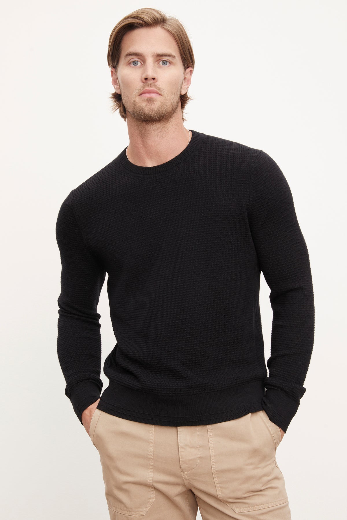   A man wearing the Velvet by Graham & Spencer ACE THERMAL CREW. 