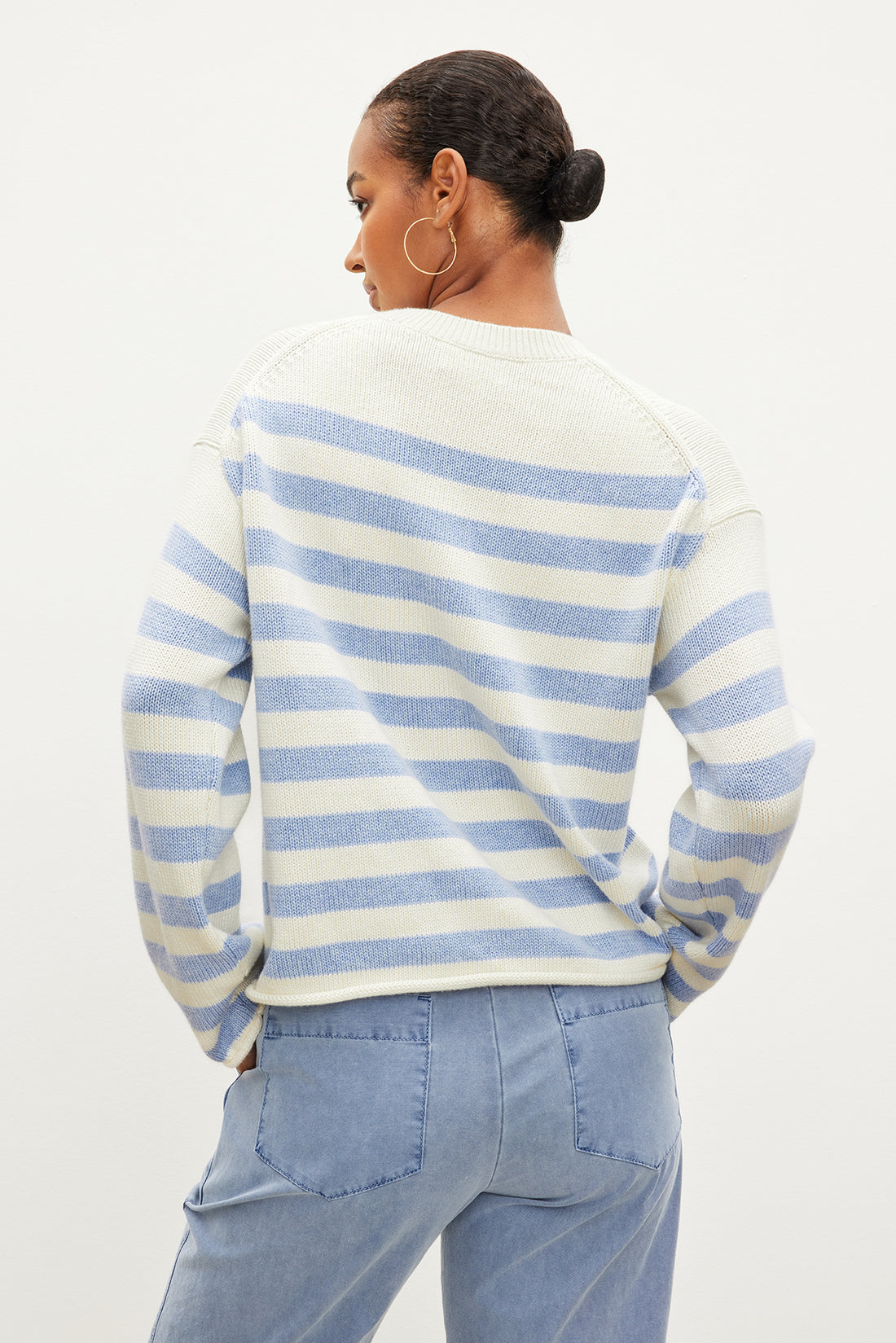 Velvet Lex Cotton Cashmere Long Sleeve Sweater- Milk/Blue