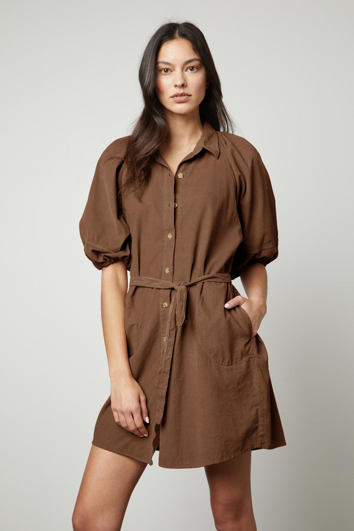   The model is wearing a KADY CORDUROY BUTTON-UP DRESS by Velvet by Graham & Spencer. 