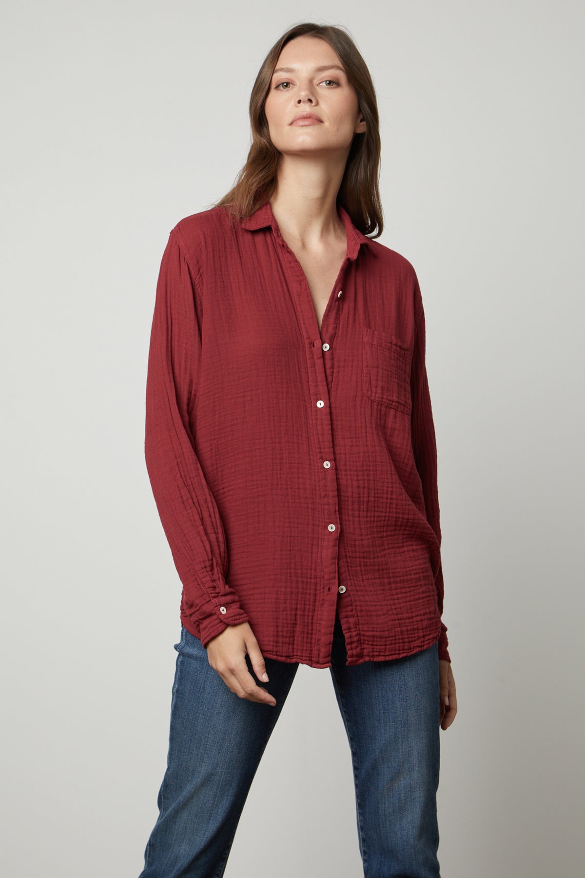   The model is wearing a Velvet by Graham & Spencer MARGO COTTON GAUZE BUTTON-UP SHIRT. 