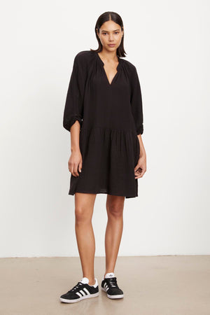 Velvet by Graham & Spencer Gita Mixed Lace 3/4 Sleeve V-Neck Dress in Black