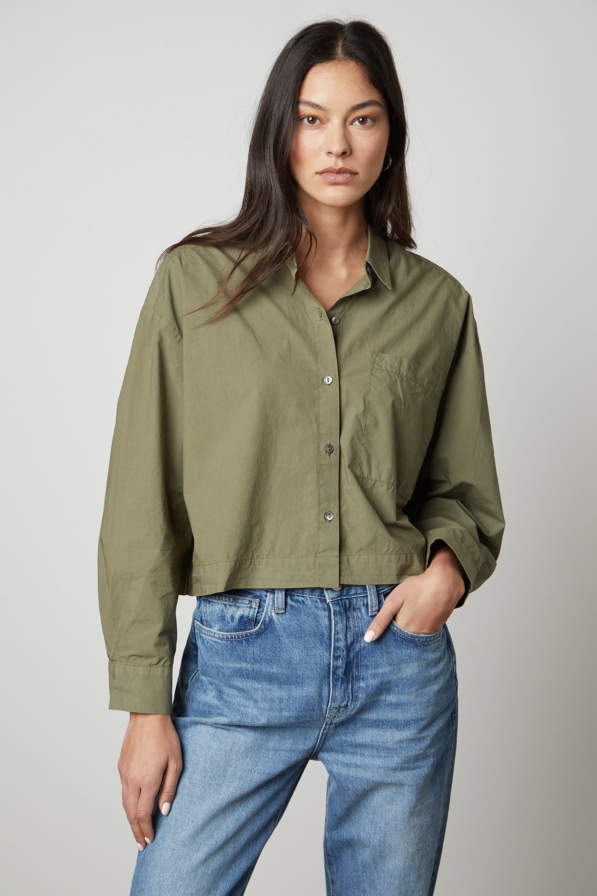   The LUCILLE CROPPED BUTTON-UP SHIRT in olive green by Velvet by Graham & Spencer. 