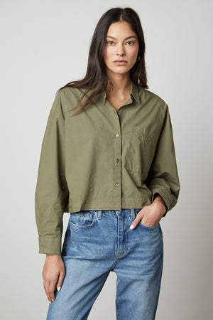 The LUCILLE CROPPED BUTTON-UP SHIRT in olive green by Velvet by Graham & Spencer.
