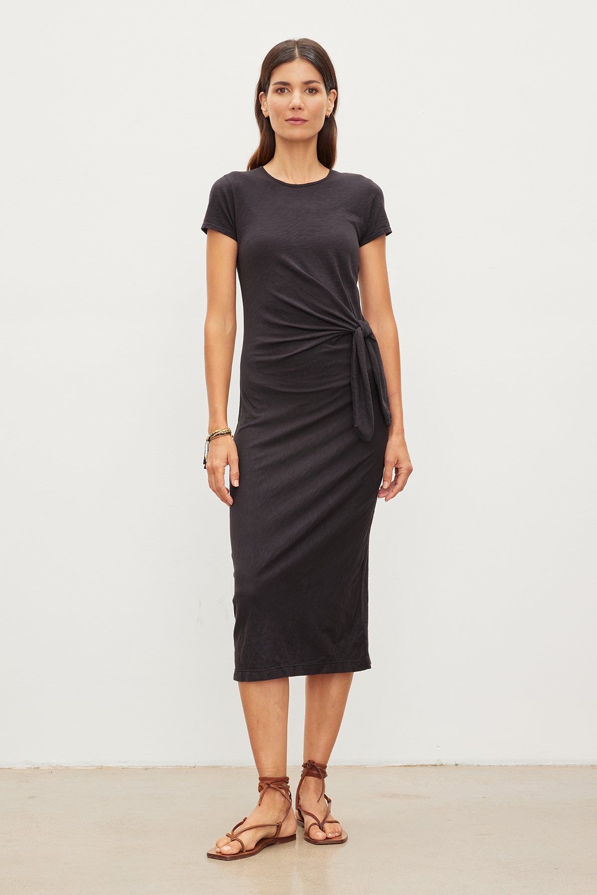 A woman wearing a Velvet by Graham & Spencer Darcy Cotton Slub Midi Dress and sandals.-35955695780033