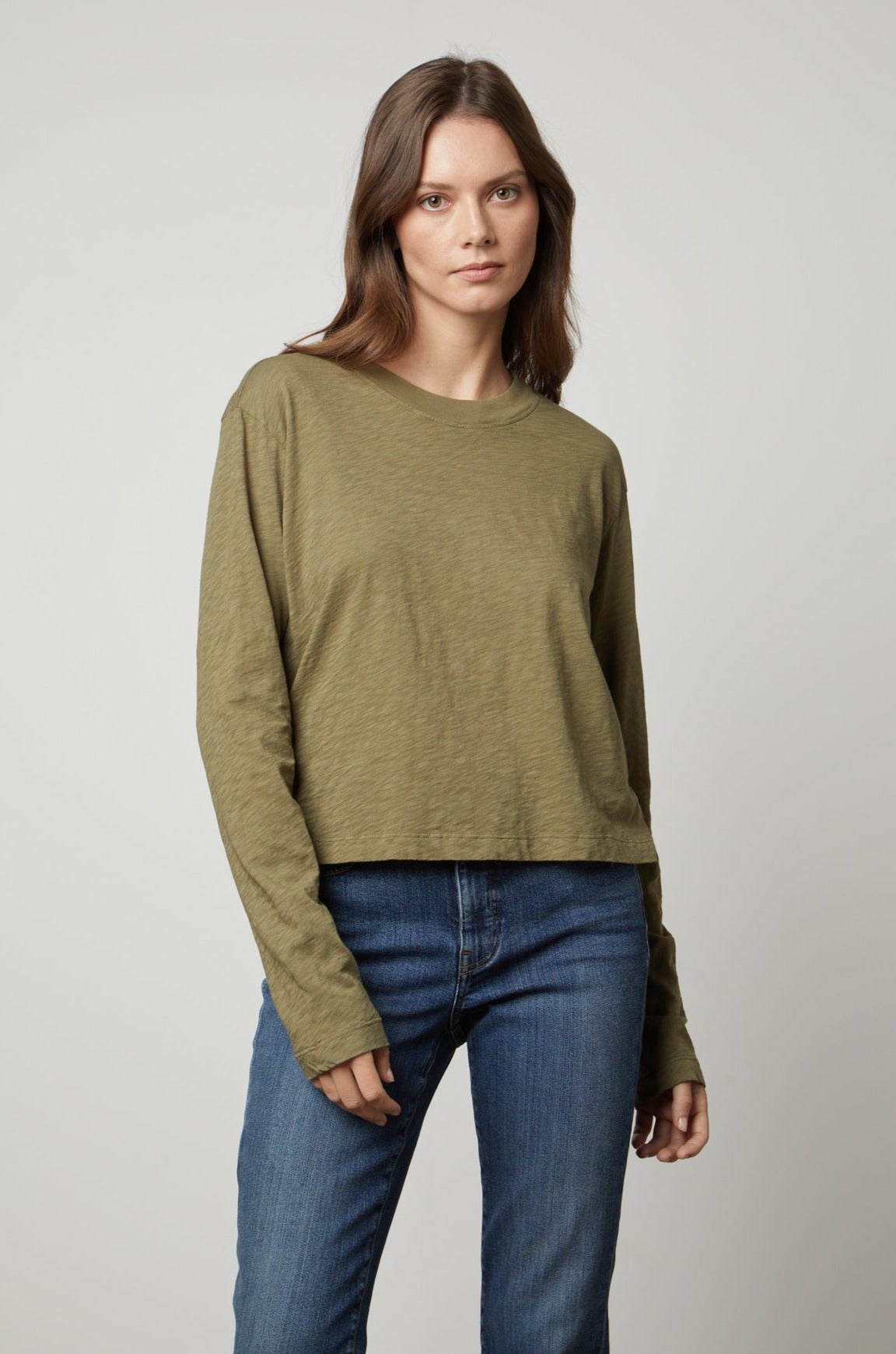   The Velvet by Graham & Spencer HEATHER CREW NECK CROPPED TEE in olive green. 