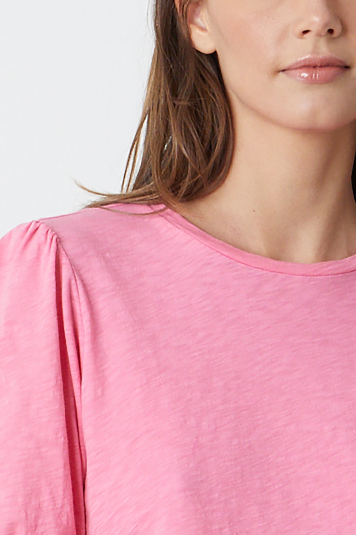 a woman wearing a pink top, the HILARY PUFF SLEEVE CROPPED TEE by Velvet by Graham & Spencer-26342696681665