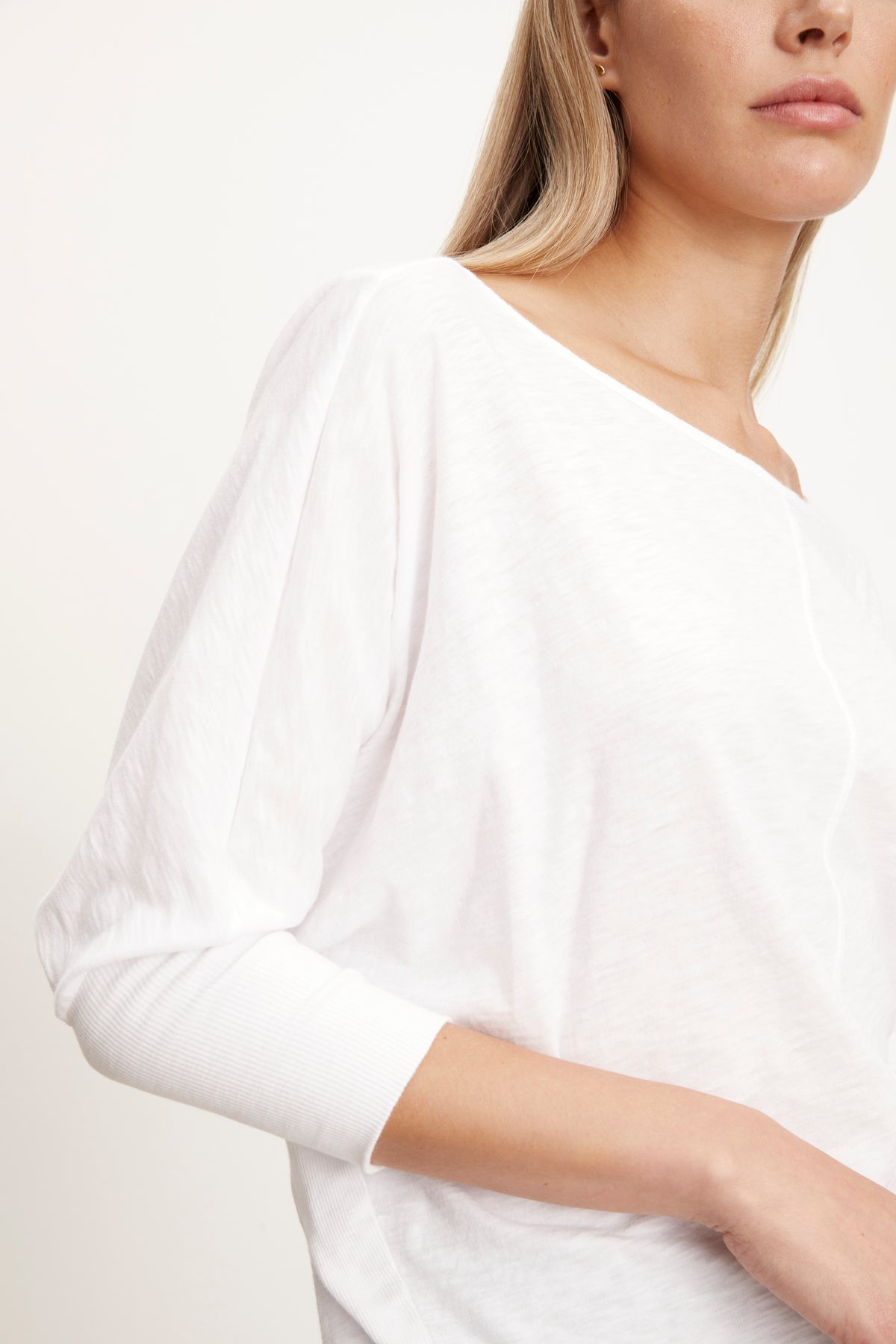 Close up of dolman sleeve on Joss Tee in white side detail-26423852105921