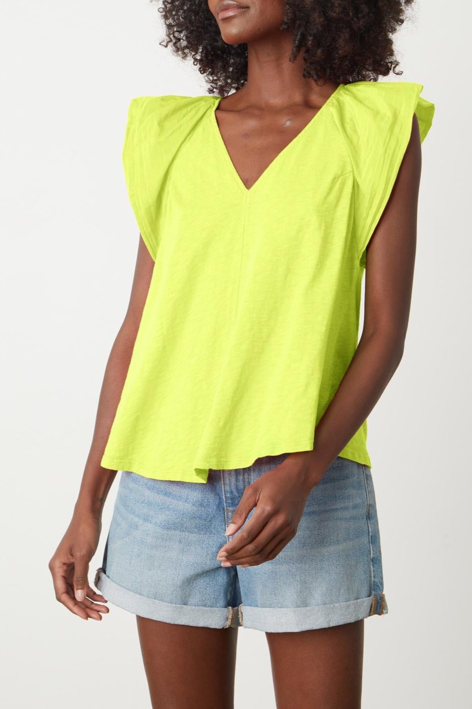 Velvet by Graham & Spencer's Carly Ruffle Sleeve Top in lime.-35201175158977