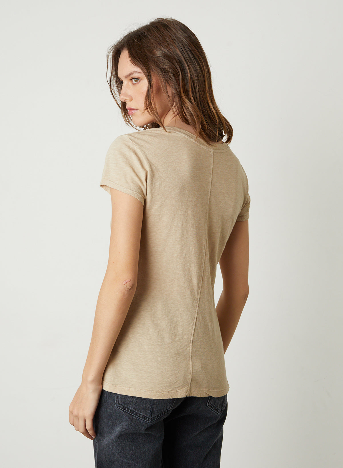 Odelia Crew Neck Tee in sesame with black denim back-26631432208577