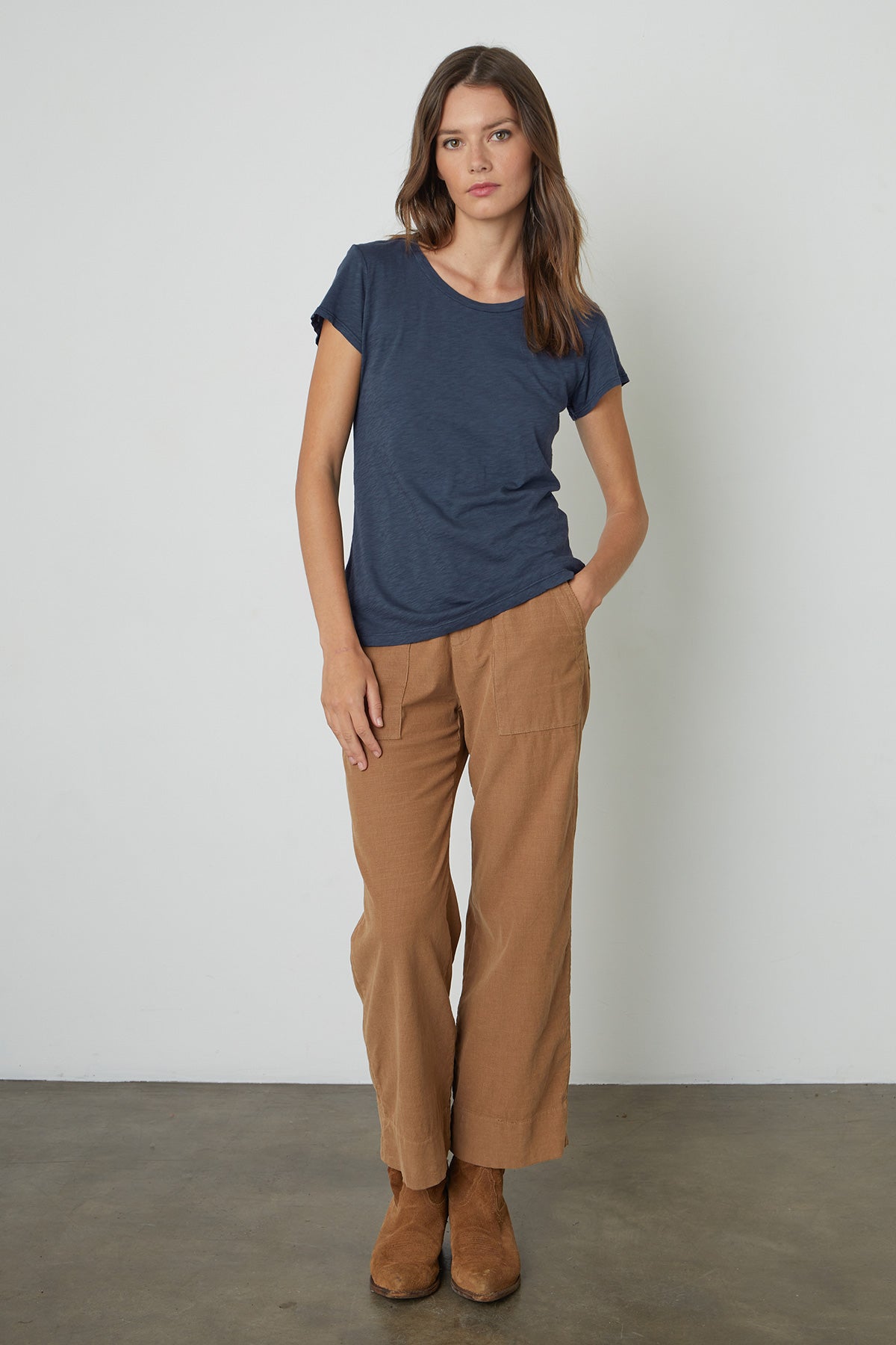 Vera Corduroy Wide Leg Pant in canyon with Odelia Tee in shadow front-26654355783873