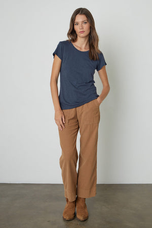 Vera Corduroy Wide Leg Pant in canyon with Odelia Tee in shadow front