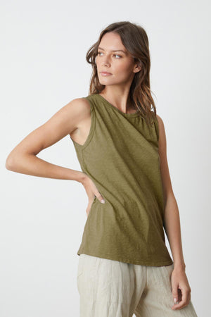 The TAURUS COTTON SLUB TANK in olive green is sleeveless and made of cotton slub, from Velvet by Graham & Spencer.