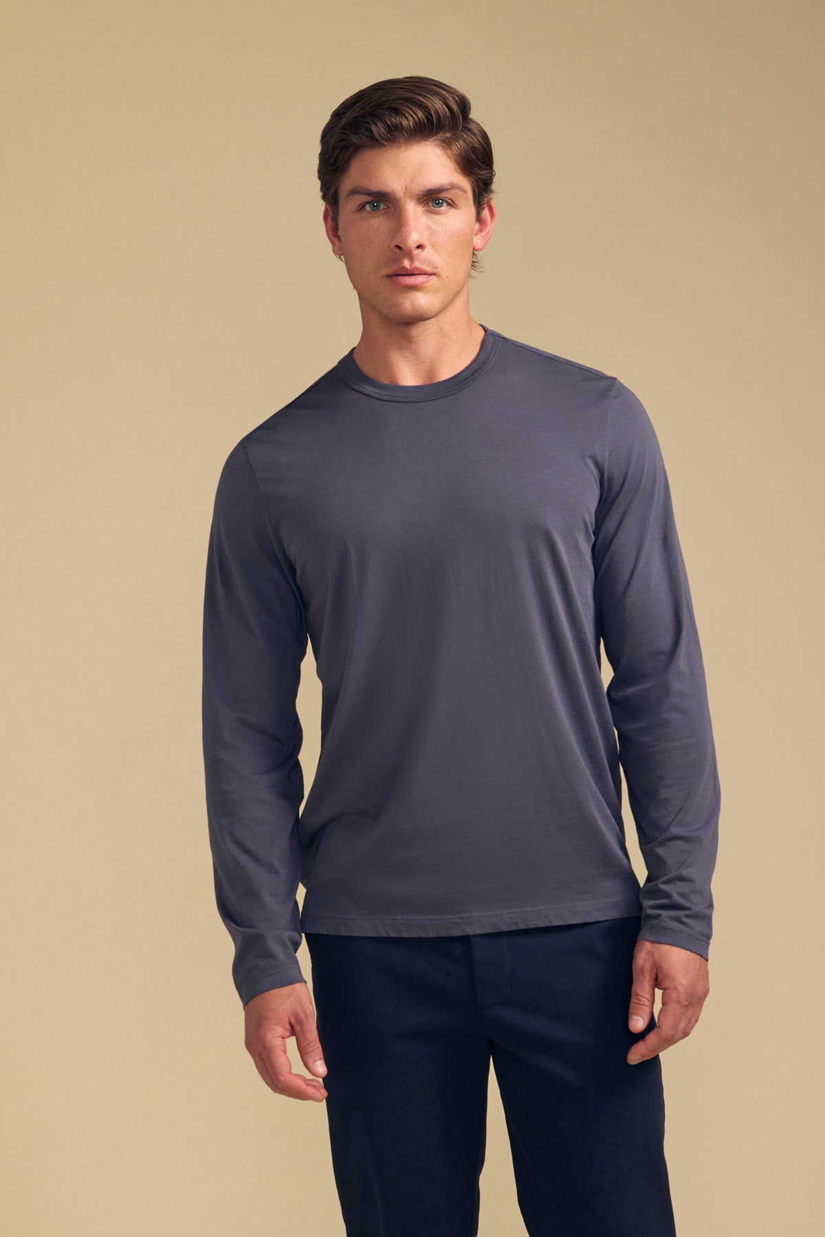 A man faces forward in the ROWLAND TEE by Velvet by Graham & Spencer, a gray long-sleeve crewneck paired with dark pants, against a plain beige background.-41702118883521