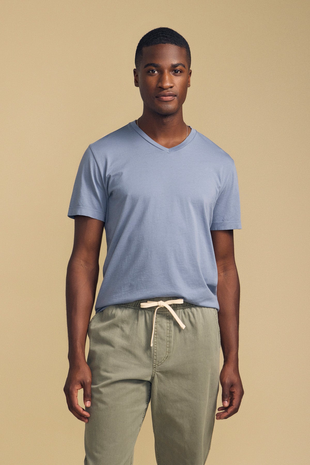 A man stands facing forward against a plain beige background, wearing Velvet by Graham & Spencer’s SAMSEN TEE—a light blue V-neck crafted from soft Pima jersey—paired with light olive-green drawstring pants, creating a look that’s perfect for everyday wear.-42092510281921