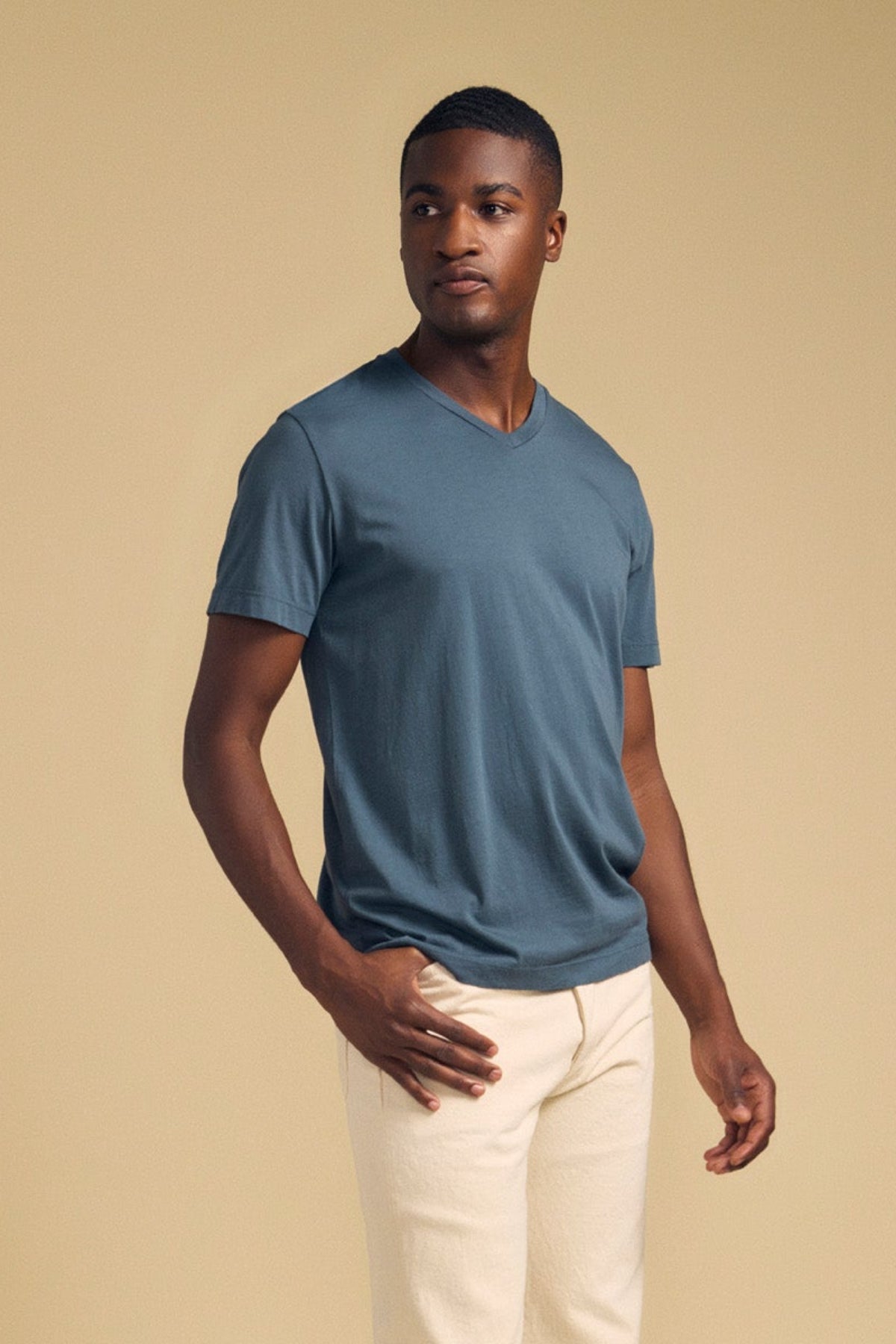 A man wearing a blue SAMSEN TEE pima jersey V-neck t-shirt and cream-colored pants.