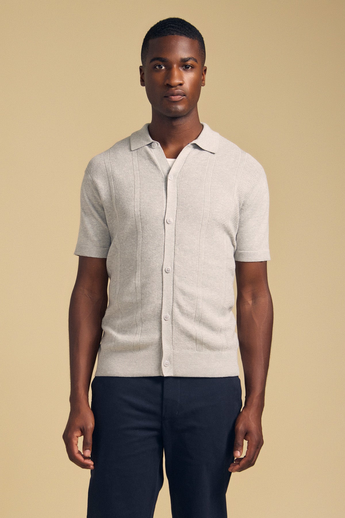 A person stands against a beige background wearing the LORENZO SWEATER POLO by Velvet by Graham & Spencer—a light gray, lightweight, breathable knit button-up short-sleeve sweater—paired with dark pants, facing forward with a neutral expression.