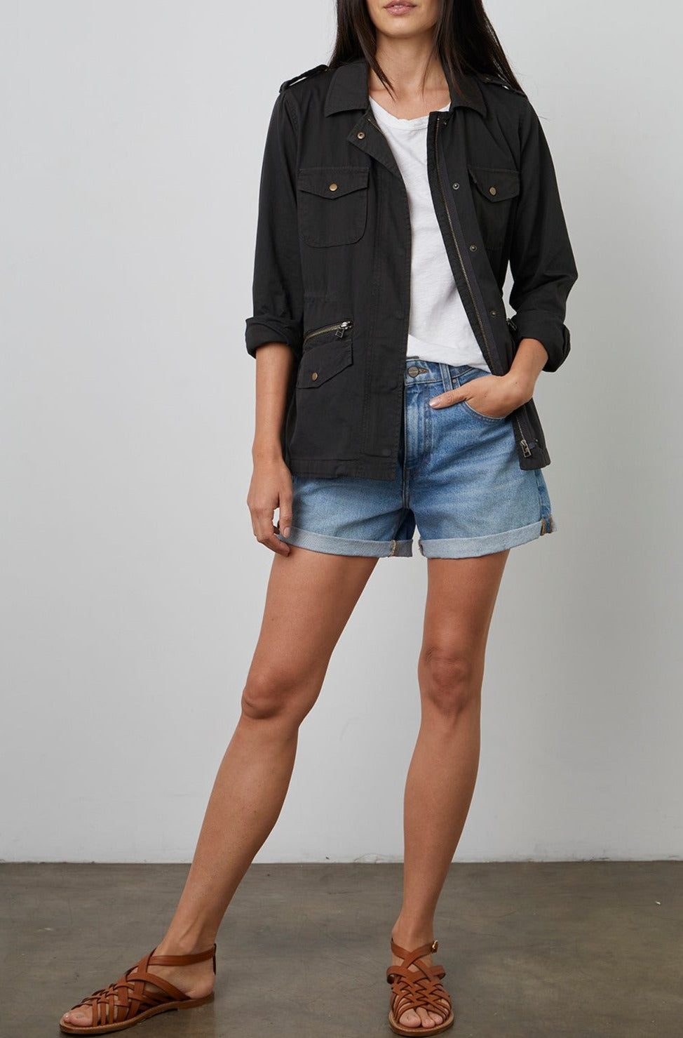 Lily Aldridge's sister confidently sports a Velvet by Graham & Spencer RUBY LIGHT-WEIGHT ARMY JACKET with denim shorts.-35207199621313
