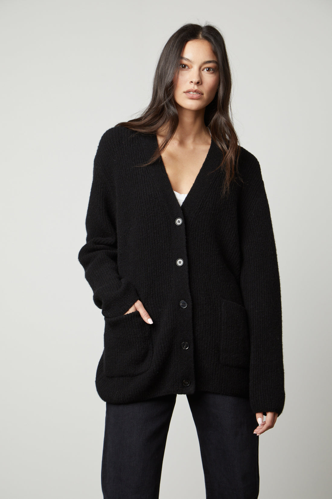 Women Black Front Button Oversized Cardigan main image 0