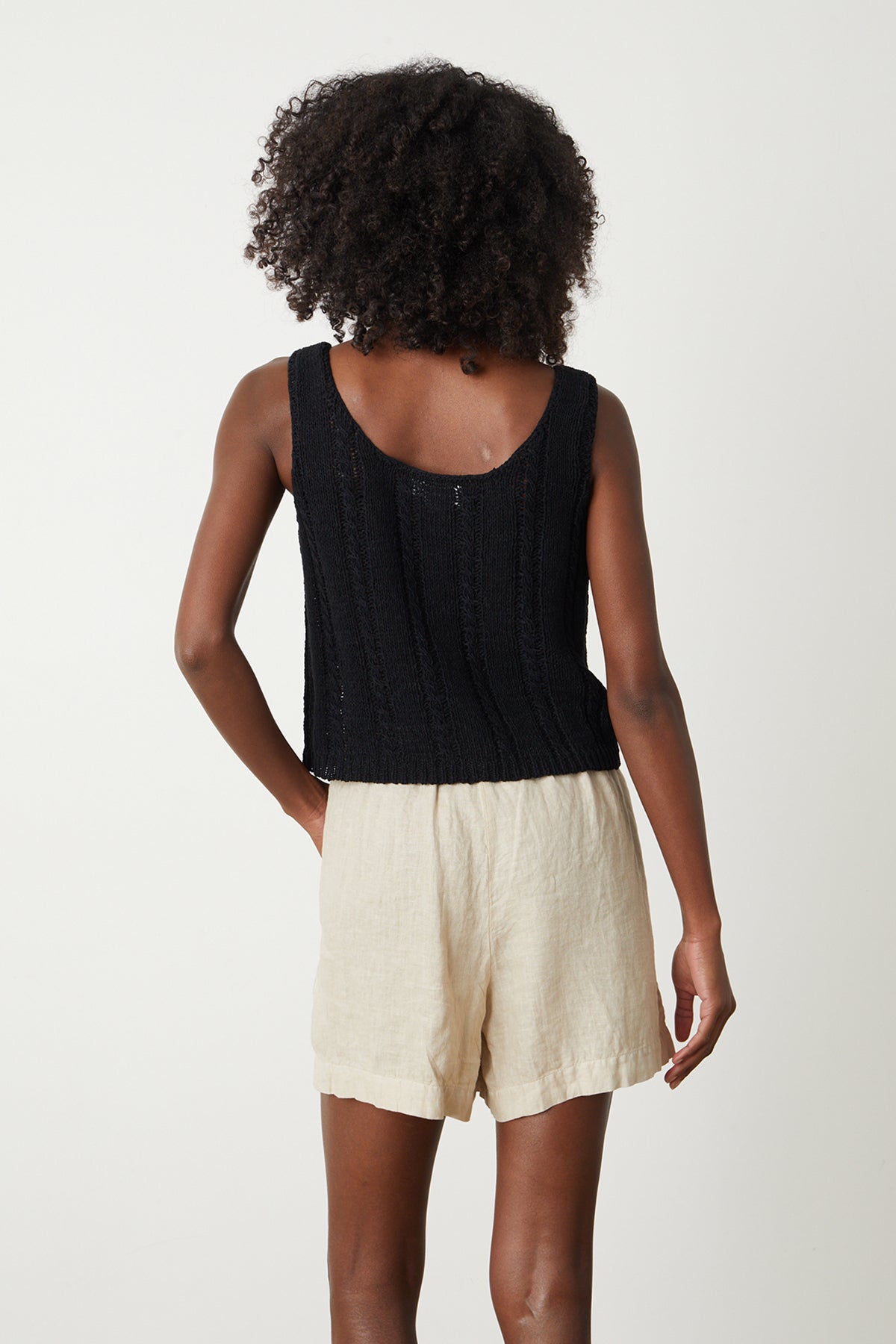   Layla Crochet Stitch Tank Top in black with Tammy short in sand back 