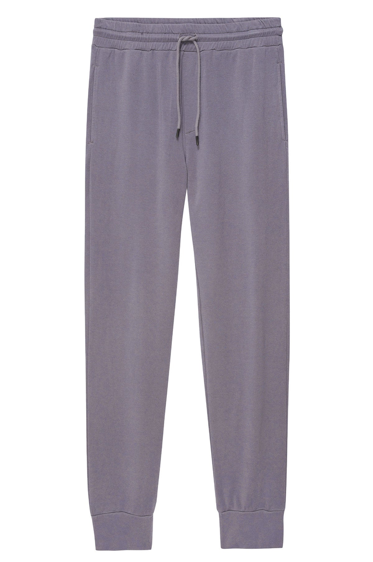 The Velvet by Graham & Spencer CROSBY JOGGER is a pair of light gray joggers featuring an elastic waistband, drawstring, side pockets, and cuffed ankles, displayed flat on a white background.-40182852387009