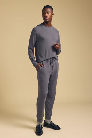 A man stands in a neutral pose against a plain beige background, wearing the matching grey ELLIS SWEATPANT from Velvet by Graham & Spencer, paired with a coordinating long-sleeve top and black shoes.